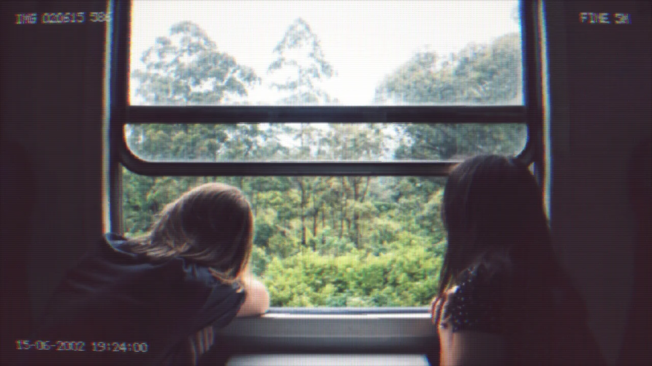 A train window view on a MiniDV camcorder, with period date/time burn-in — MiniDV