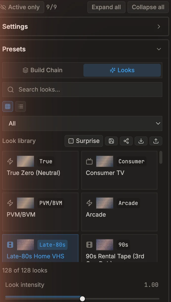 The Lost Media Emulator preset browser on macOS, showing the 128-look library grouped by source format
