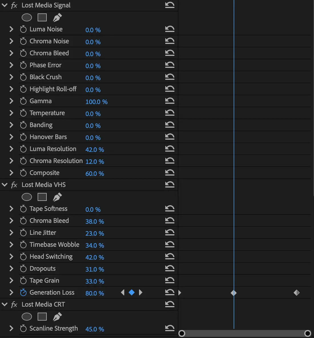 Keyframing Lost Media Emulator parameters in the Effect Controls panel in Premiere Pro