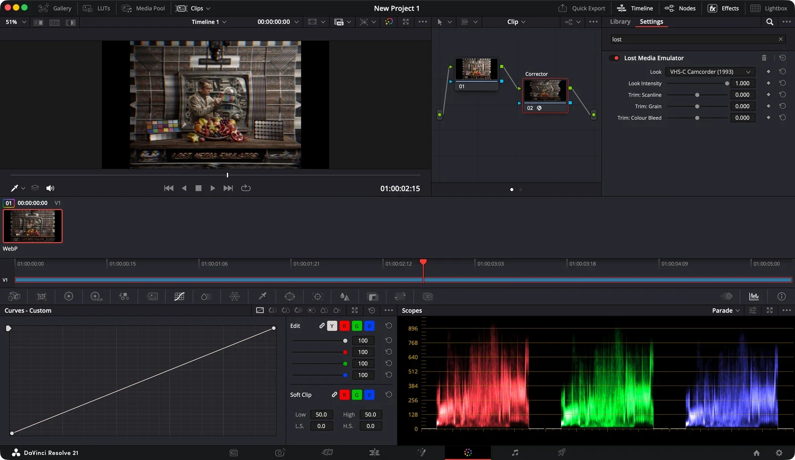 DaVinci Resolve's Color page with a Lost Media Emulator VHS look applied to a test card on a corrector node
