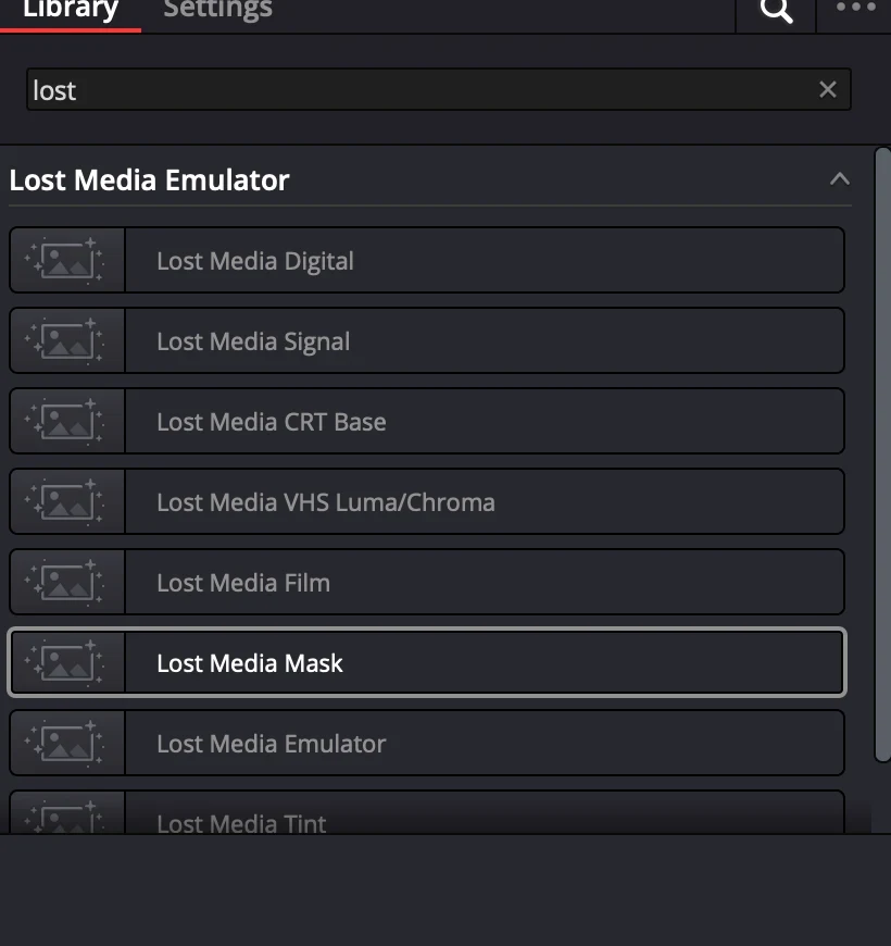 DaVinci Resolve's Effects library showing the Lost Media Emulator group with all eight OpenFX effects