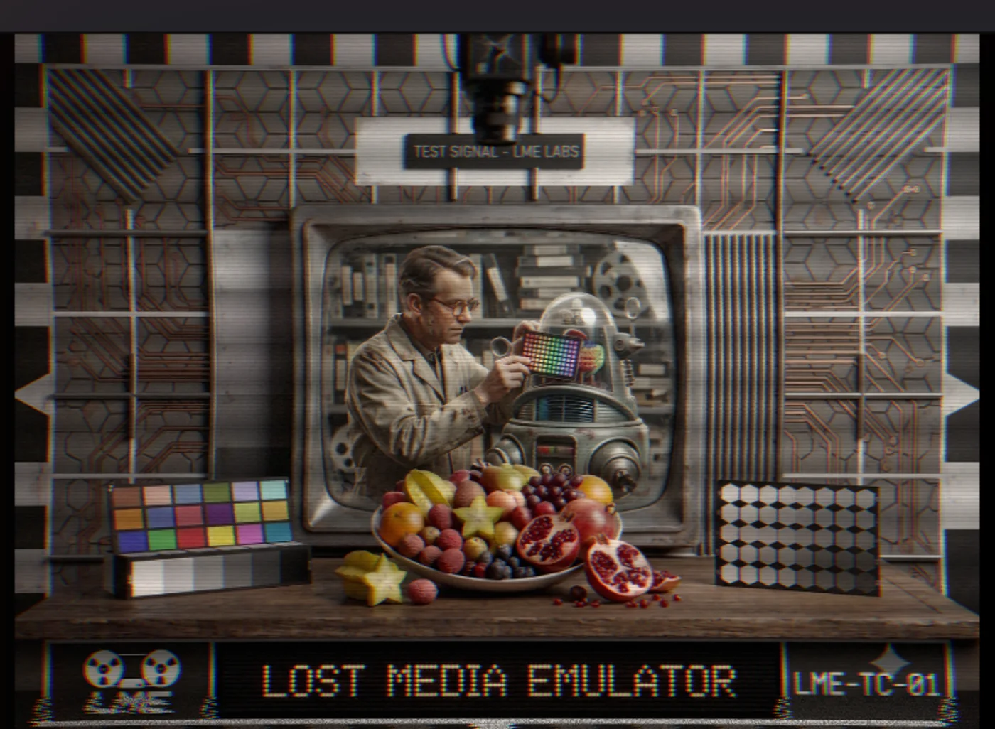The Lost Media Emulator plugin grading a test card in DaVinci Resolve's Color page