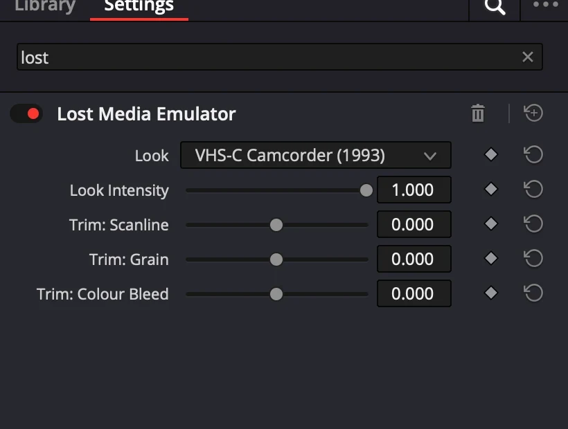 The unified Lost Media Emulator effect controls in DaVinci Resolve: look dropdown, intensity, and three trims