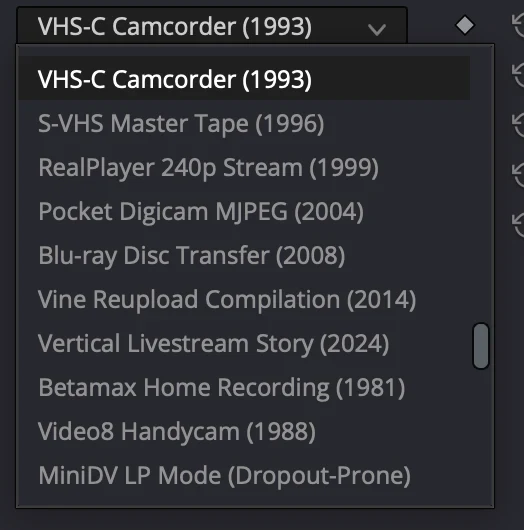 The Lost Media Emulator look dropdown open in DaVinci Resolve, listing era-named presets like VHS-C Camcorder 1993